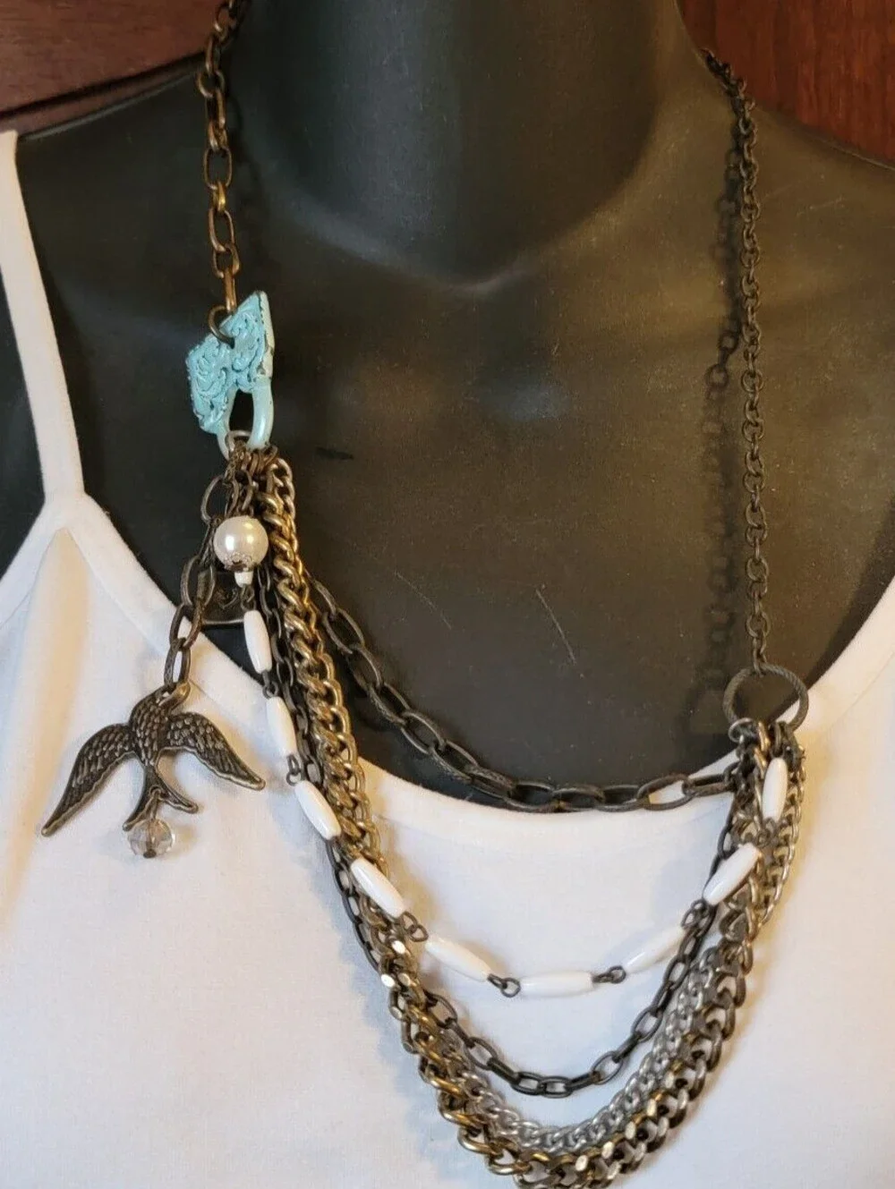Plunder Charm Necklace Mixed Metals Bird, Lock, Faux Pearl Swag Designer blu1-38